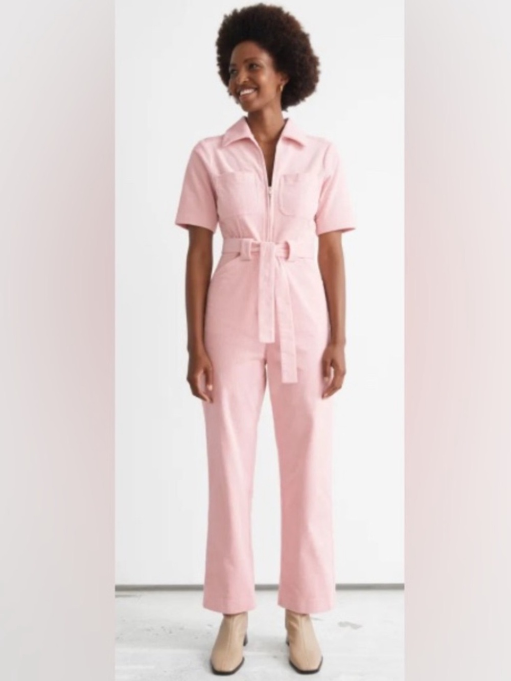 & Other Stories Pink Short-Sleeve Belted Denim Jumpsuit, Size XS/34, EUC - Picture 2 of 2